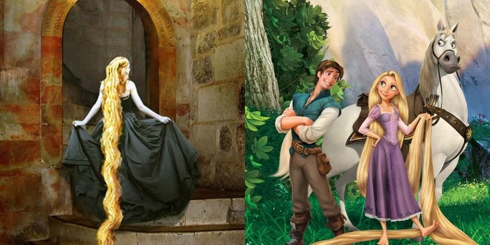 Side by side images of literary version of Rapunzel next to Disney version