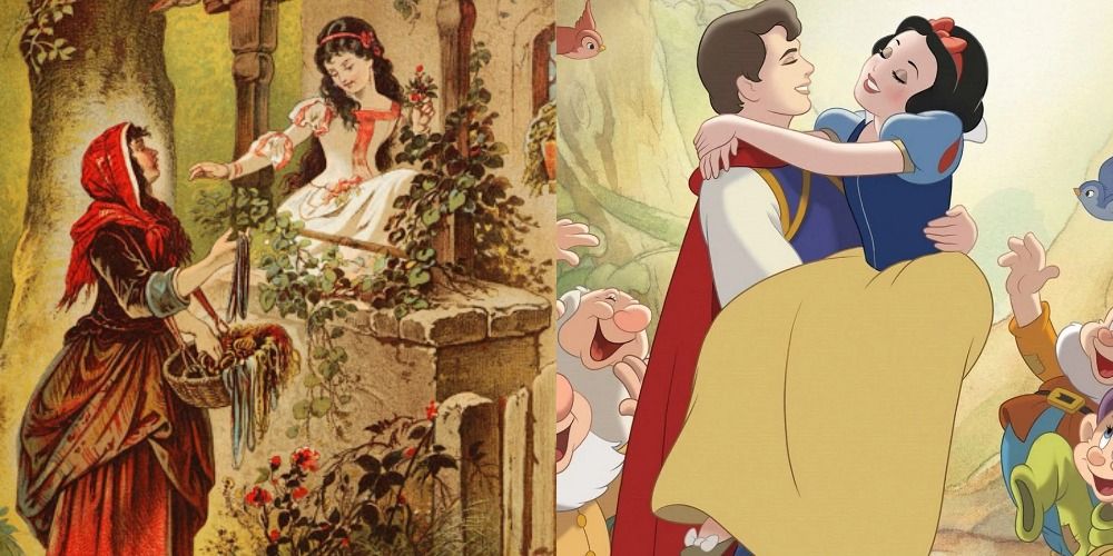 Literary version of Snow White next to scene from Disney movie