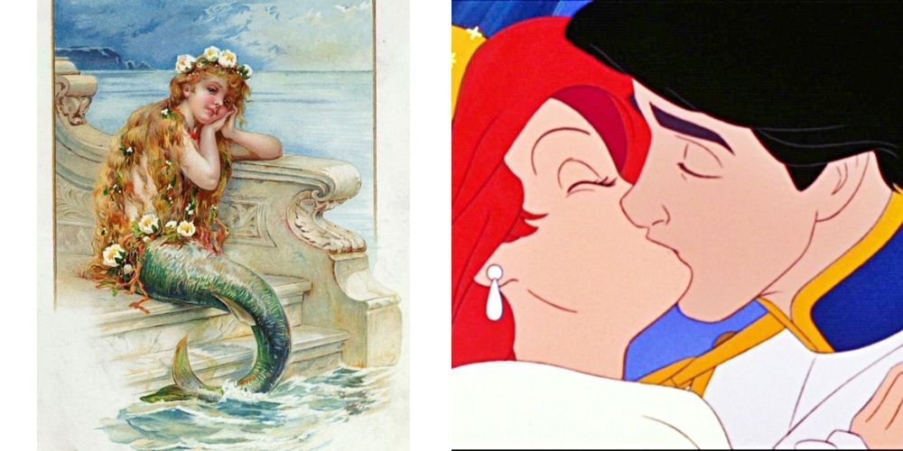 Literary version of The Little Mermaid story next to an image from the Disney version