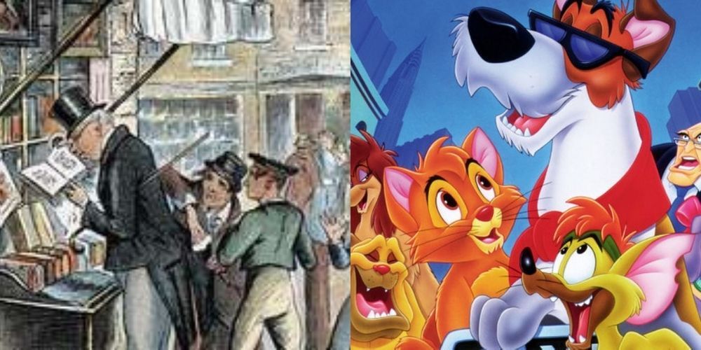 Side by side image from Dickens Oliver Twist and Disney version of Oliver and Company