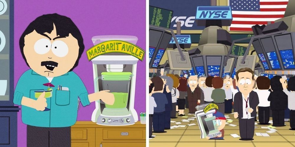 Split image of Randy Marsh with a margarita and Stan at the stock exchange