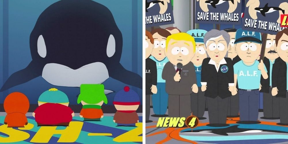 Split image of South Park kids looking at a whale/residents on the news