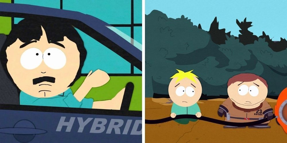 Split image of Randy Marsh in a hybrid/Butters and Cartman playing together