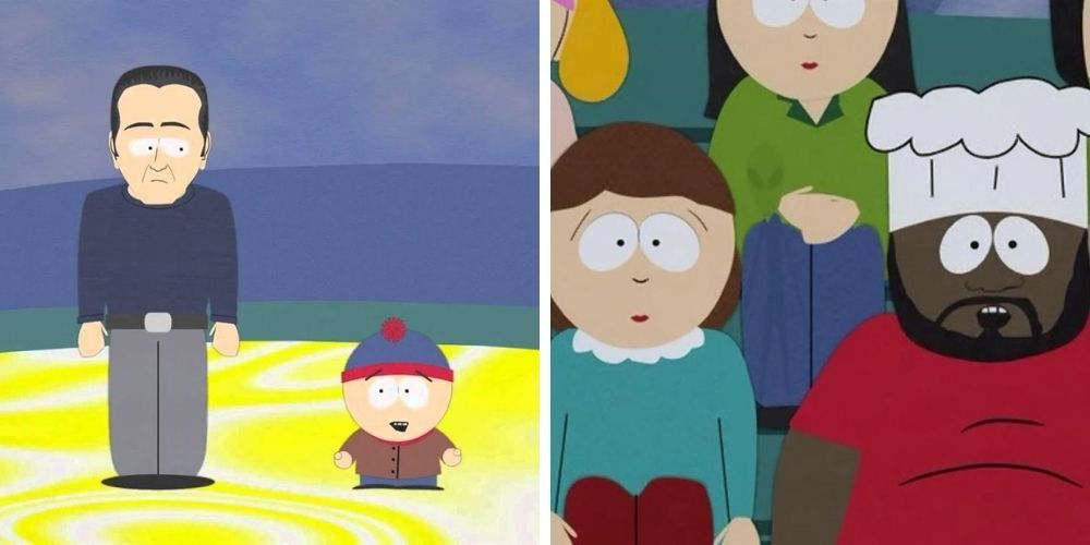 Split image of John Edwards with Stan Marsh/Cartman's mom and Chef