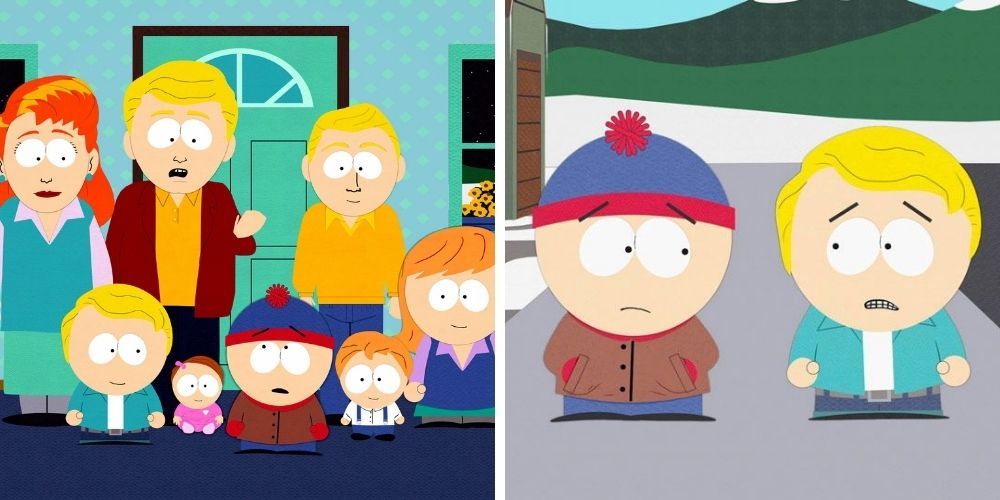 Split image of South Park characters standing together/Stan with Butters