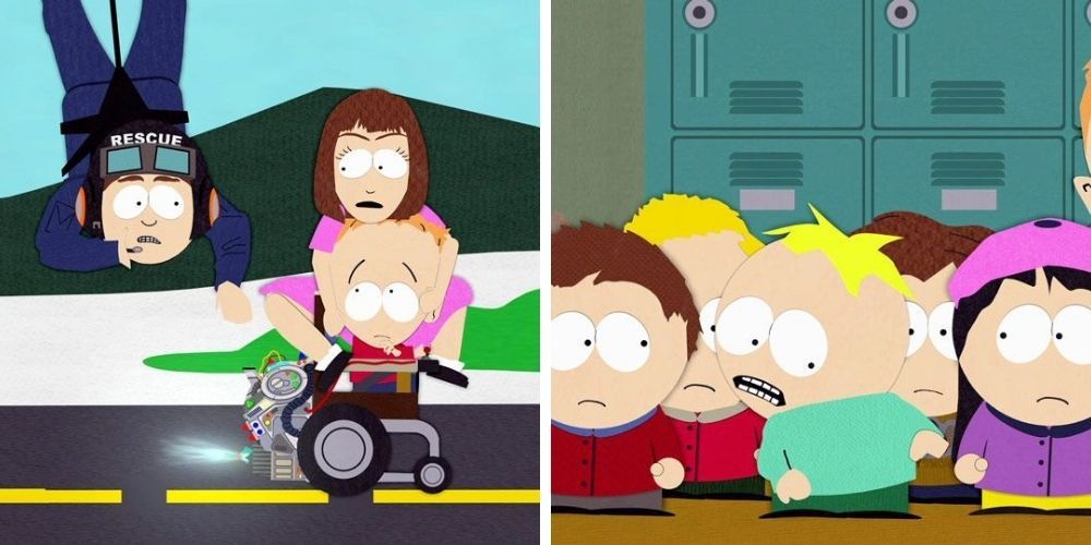Split image of Timmy being rescued by someone coming down from an aircraft/Butters turned around with other students