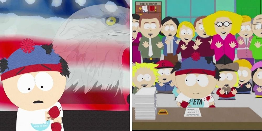 Split image of Stan Marsh with a bald eagle behind him/Stan in a PETA shirt voting