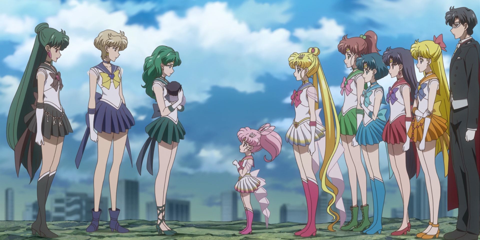 Sailor Moon and the Inners say goodbye to the Outers as they take Hotaru away in Crystal act 38