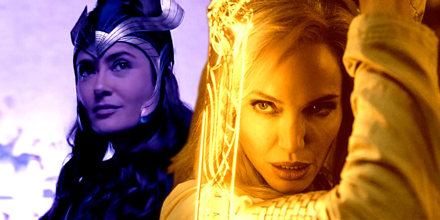 Salma Hayek as Ajak and Angelina Jolie as Thena in Eternals