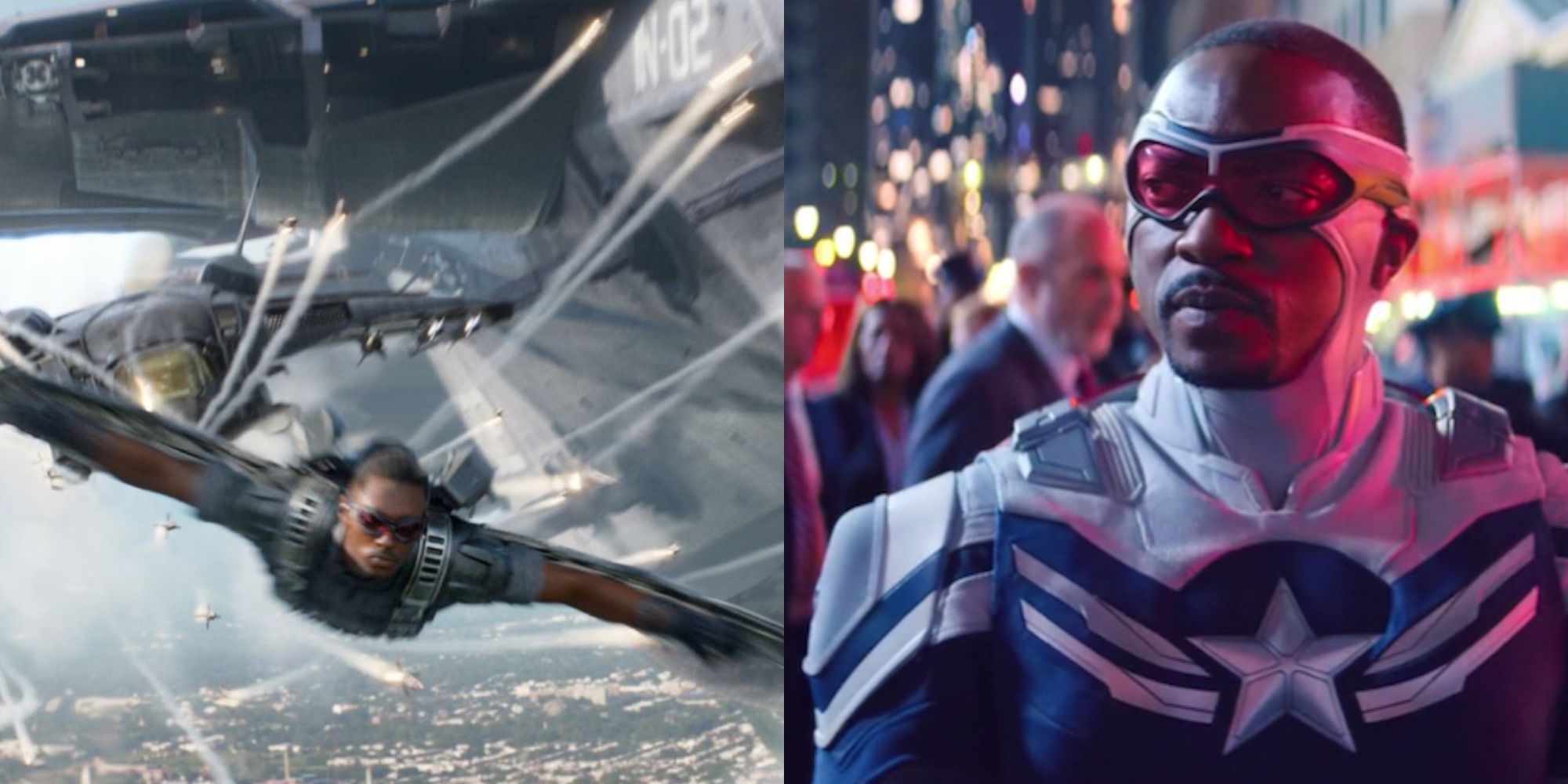 Split image of Sam Wilson as the Falcon and Captain America