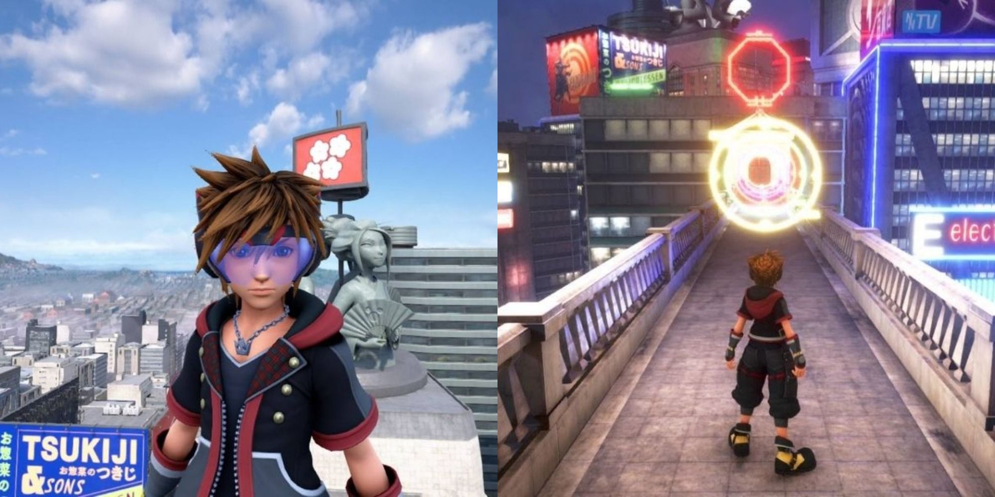 The player standing on a rooftop and approaching an easter egg in the Kingdom Hearts