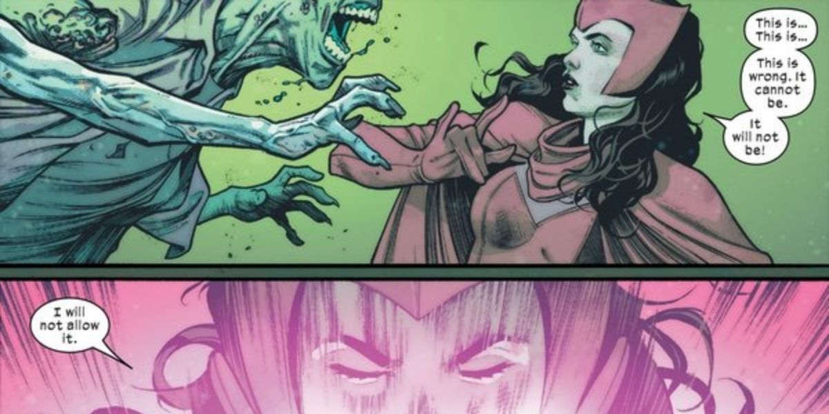 Scarlet Witch fights against a horde of zombies