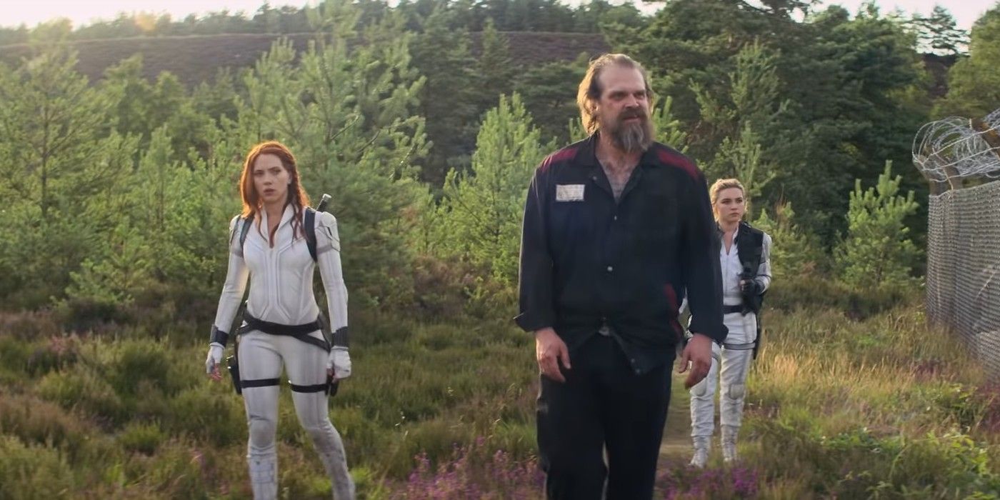 Scarlett Johansson as Natasha, David Harbour as Red Guardian and Florence Pugh as Yelena in Black Widow