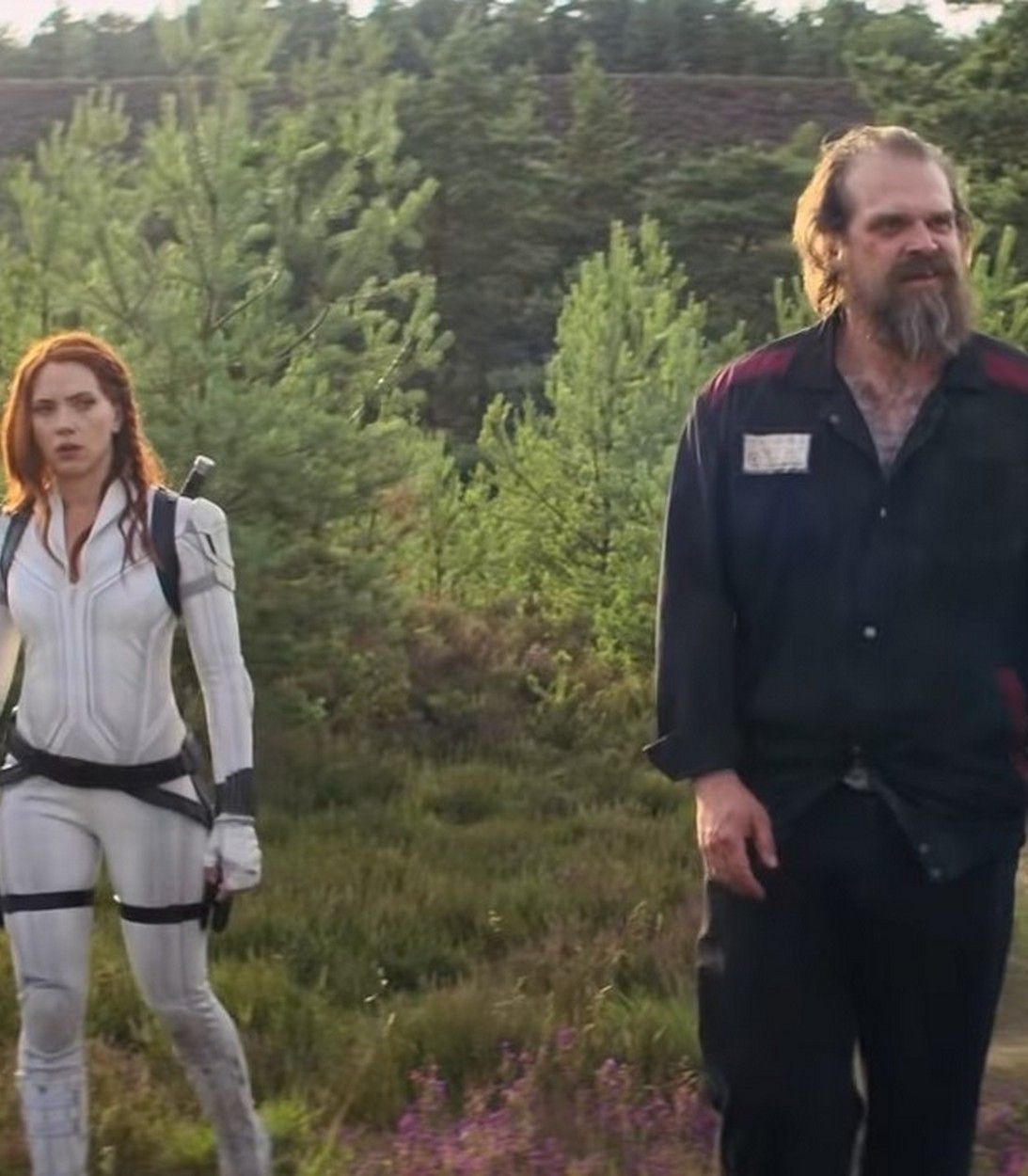 Scarlett Johansson as Natasha and David Harbour as Red Guardian in Black Widow vertical