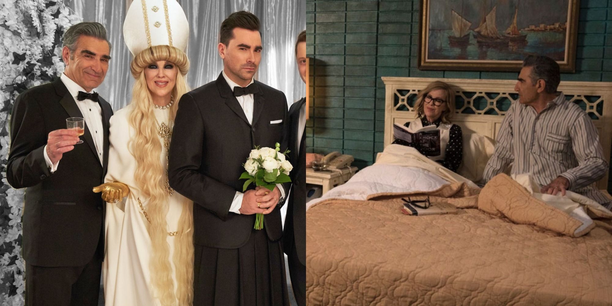 Split image of Johnny, Moira and David on his wedding day/Moira and Johnny in bed