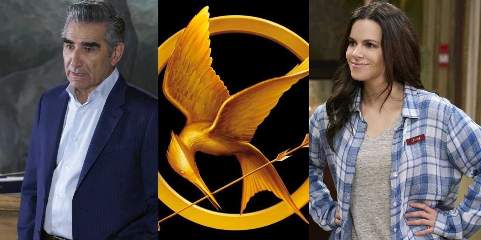 Johnny and Stevie from Schitt's Creek with a Mockingjay symbol in the center
