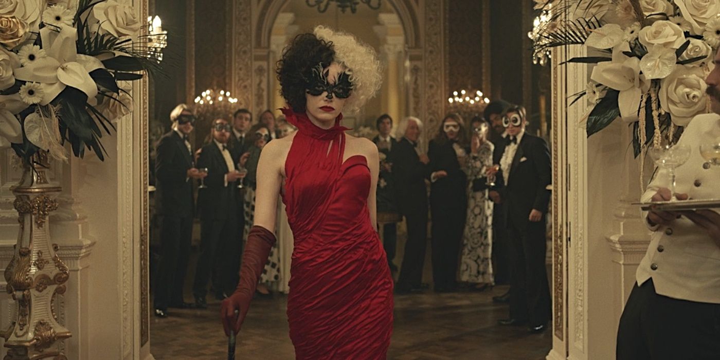 Emma Stone in Cruella Wearing Red Dress, Black Mask