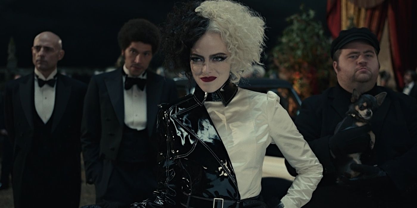 Emma Stone in Cruella -Geometric Black Patent Leather and White Silk