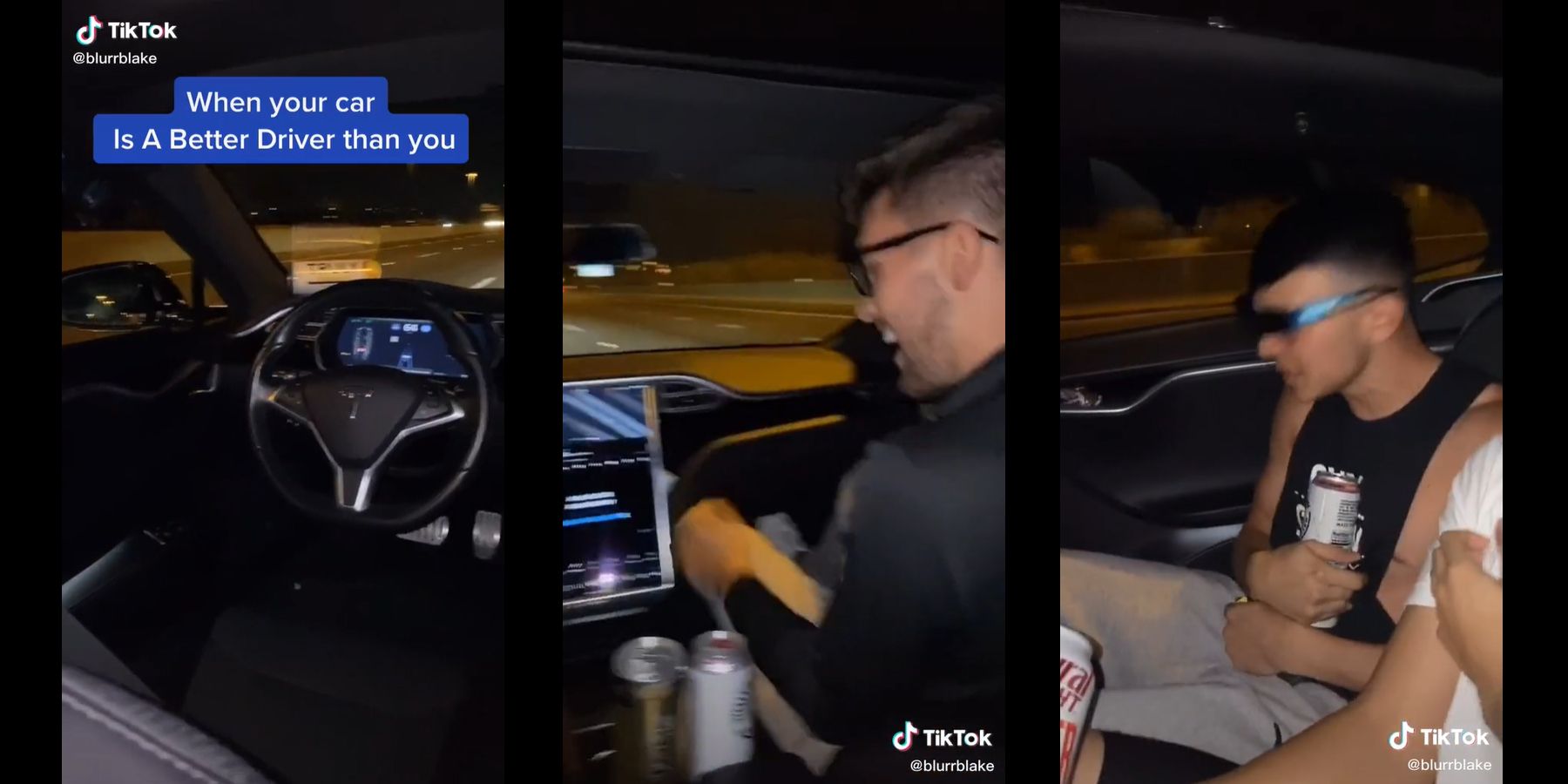 Screenshots of TikTok video showing Tesla operated with no-one in driver's seat