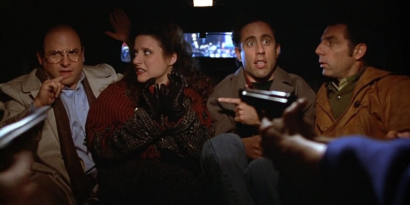 George, Elaine, Jerry and Kramer held up in a limo in Seinfeld