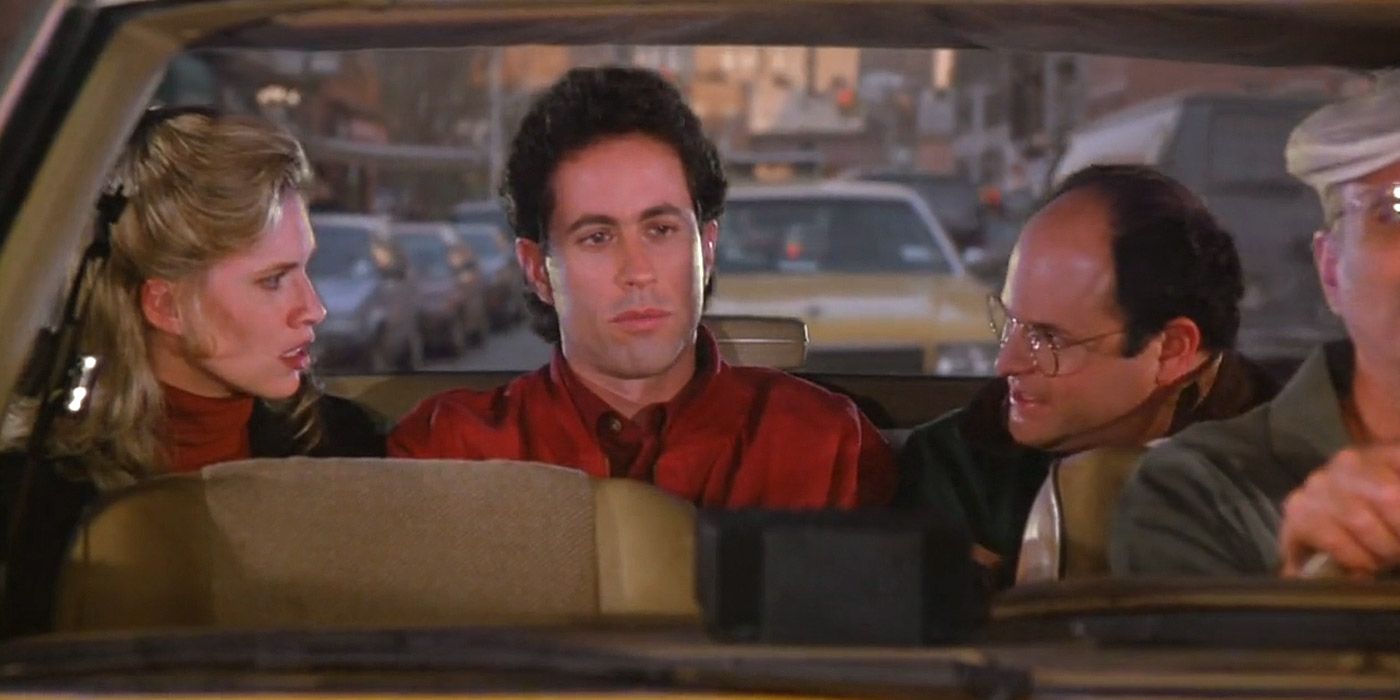 George, Jerry and his understudy girlfriend in the back of a cab in Seinfeld