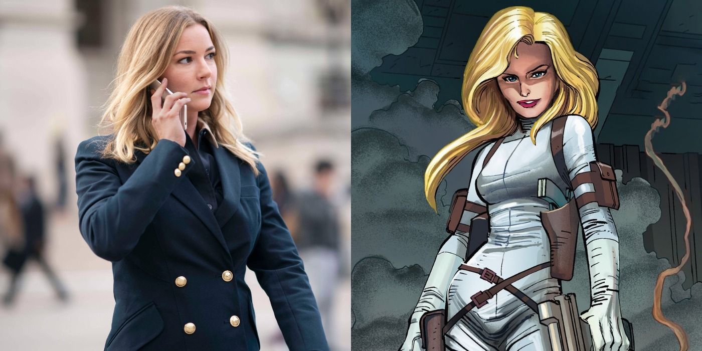 Sharon Carter From The MCU On The Phone Wearing A Blue Suit And Sharon Carter From The Comics Wearing Her White Suit