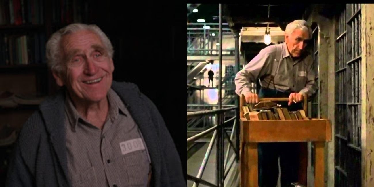 Shawshank Redemption Brooks close up smiling then doing his rounds as prison librarian