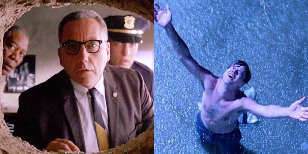 Shawshank Redemption Warden, Hadley and Red look through hole in wall that Andy escaped from; Andy in the river hands to heaven because he's free