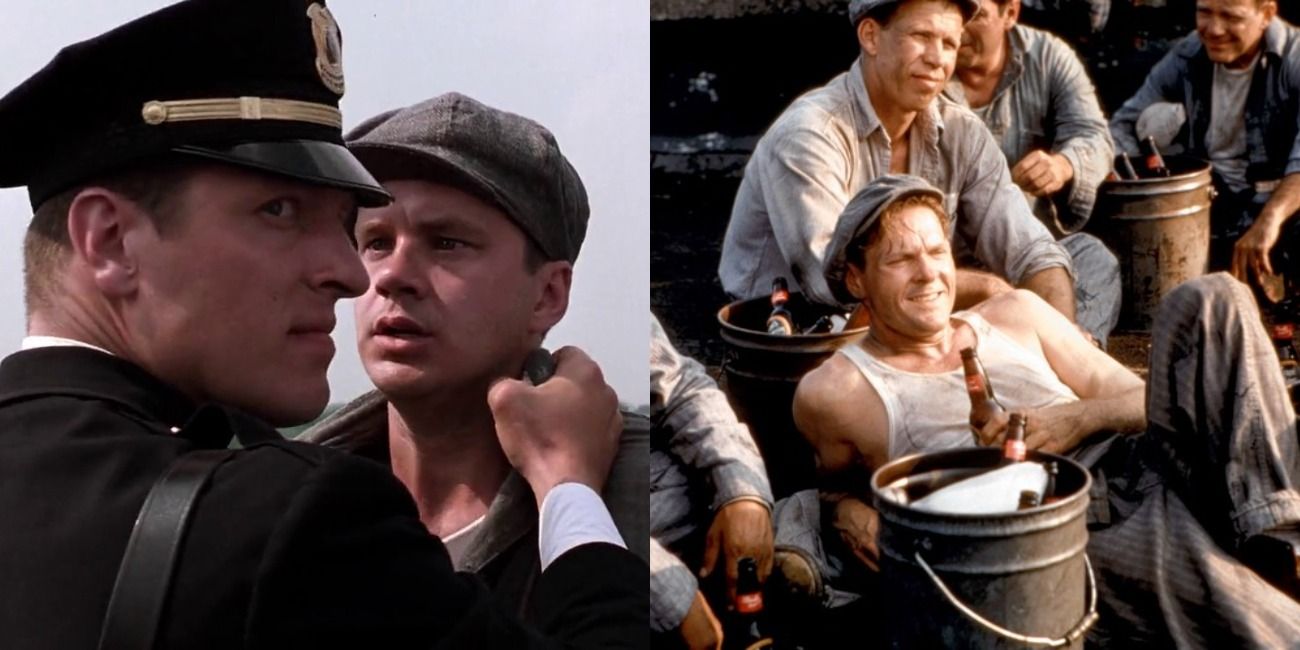 Shawshank Redemption Captain Hadley grabbing Andy by his lapels; prisoners sitting down having cold beers