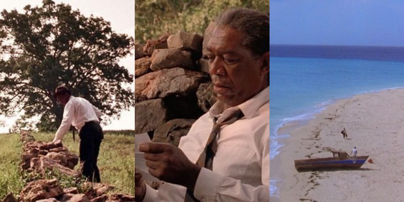 Shawshank Redemption a free Red walks along a wall; sits and reads letter; joins Andy on a beach in paradise