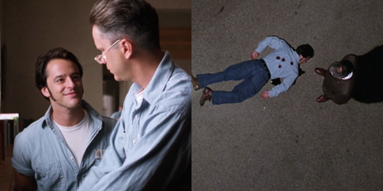 Shawshank Redemption Tommy talking to older Andy; Tommy on ground after being shot in back