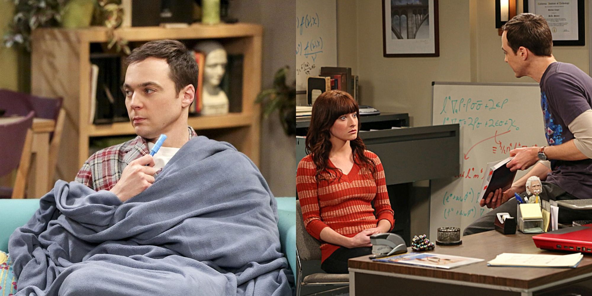Split image of Sheldon wrapped in a blanket and talking to someone on The Big Bang Theory