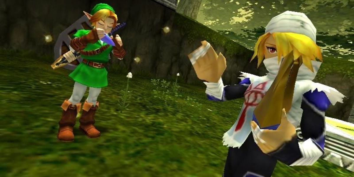 Shiek prepares to attack while Link plays the ocarina