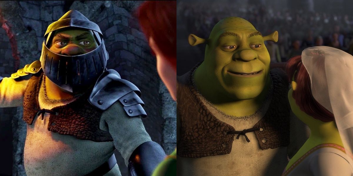 Shrek wearing armor and rescuing Fiona in Shrek 