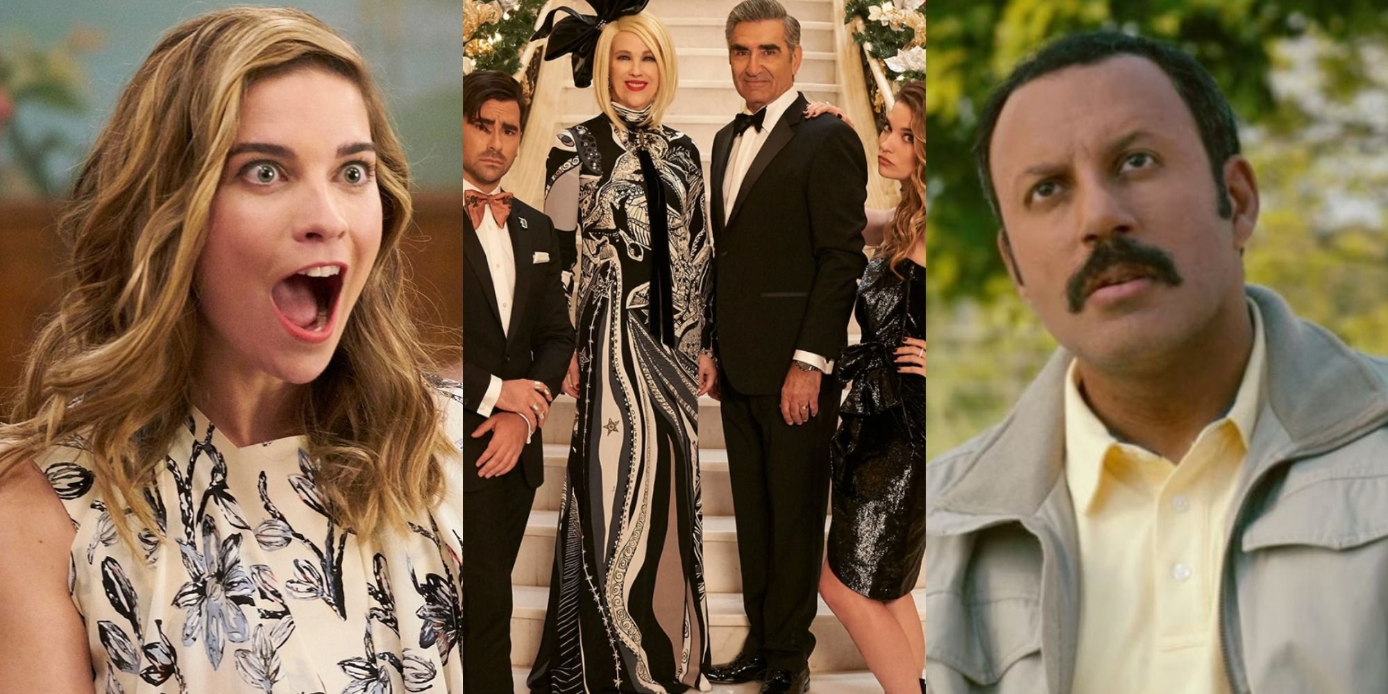 Side by side images of Alexis and Ray from Schitt's Creek flanking the Rose family posing for the camera