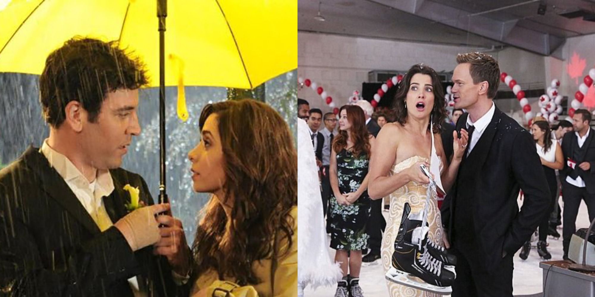 Side by side images of Ted meeting the mother under the yellow umbrella and Robin and barney getting married in How I Met Your Mother