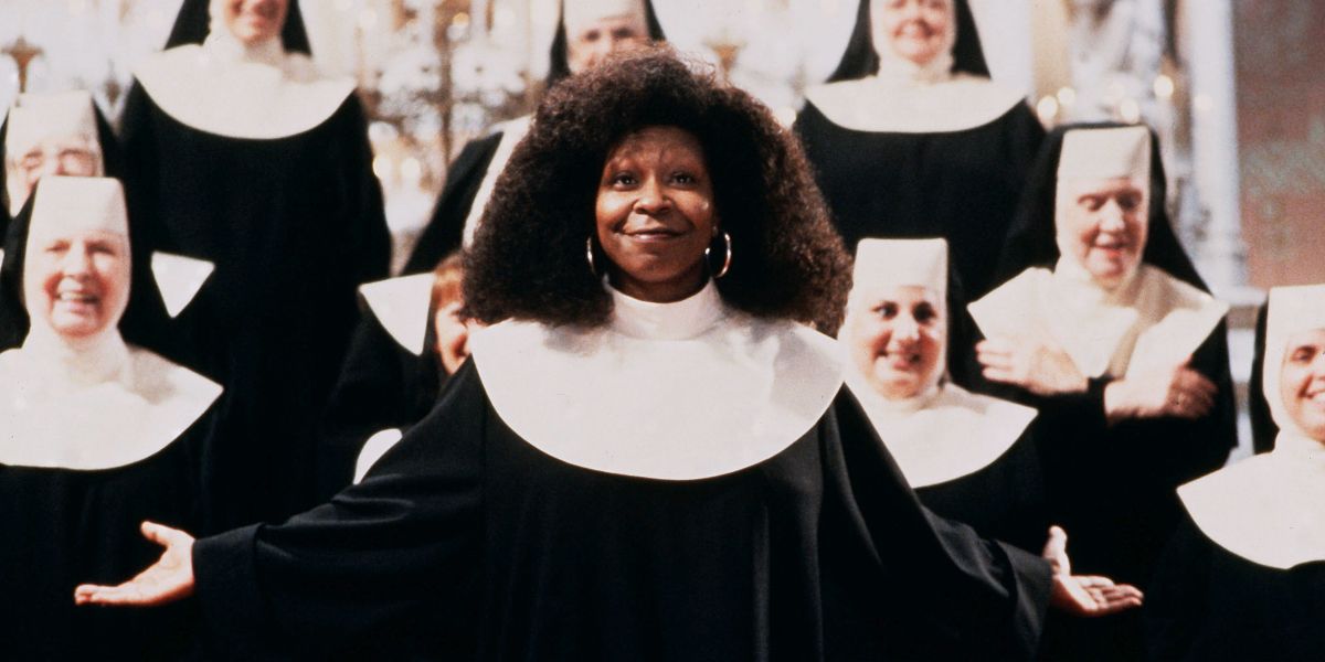 Deloris in nun habit in front of choir in Sister Act
