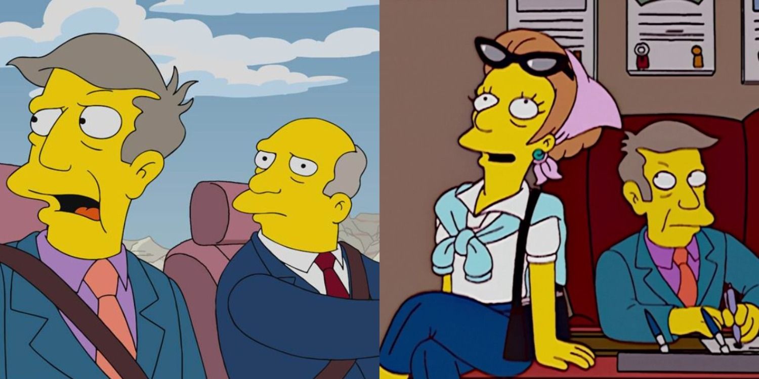 Skinner and Chalmers in a car and Edna sitting on Skinner's desk in The Simpsons