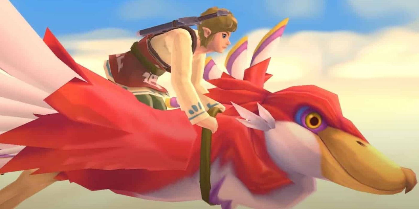 Link riding a Loftwing through the sky in Skyward Sword HD