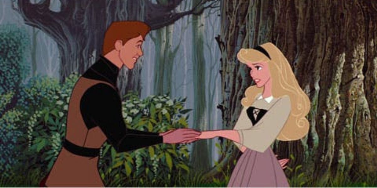 Princess Aurora meeting Prince Philip for the first time in the woods in Sleeping Beauty