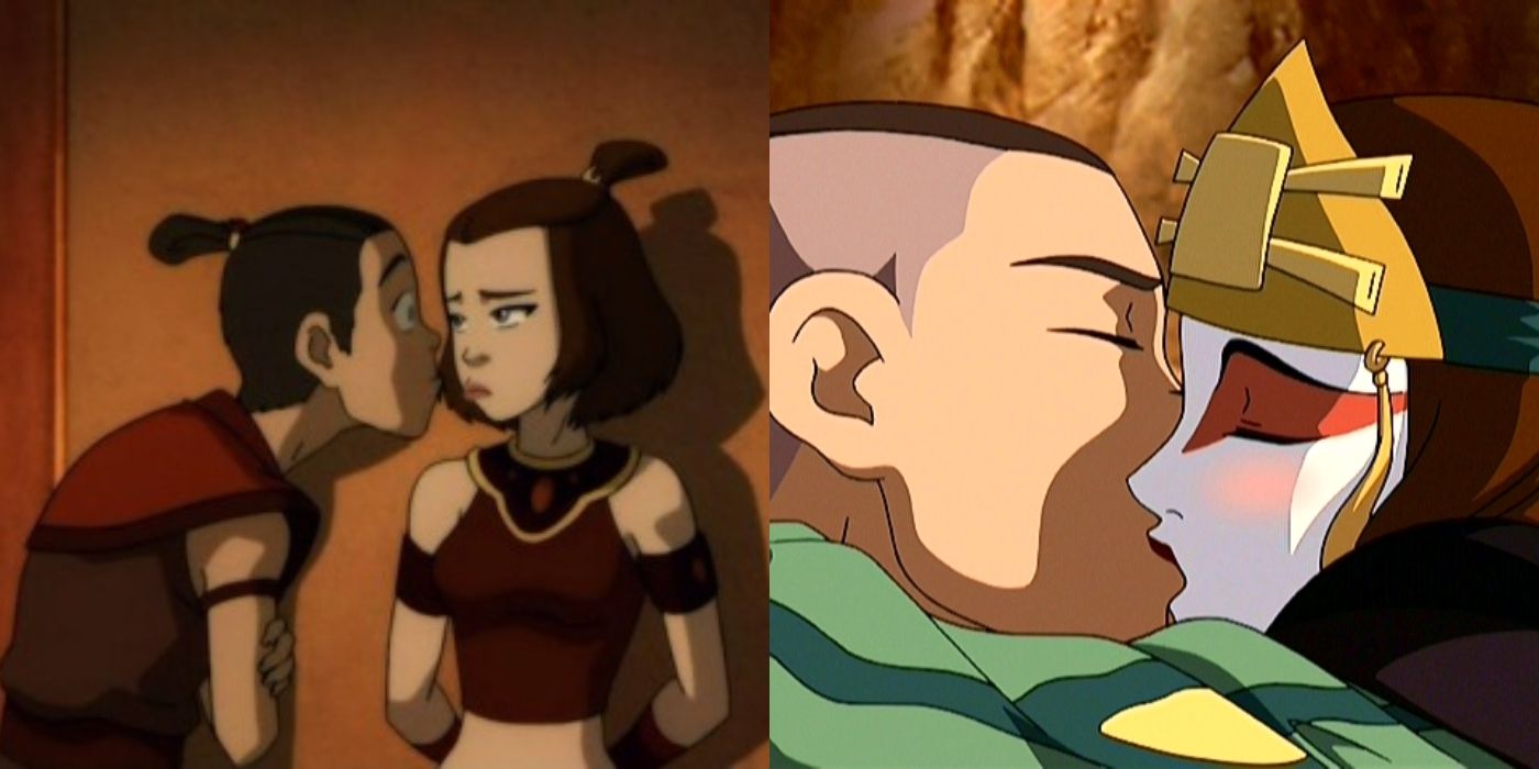 Split image of Sokka and Suki talking and kissing in Avatar: The Last Airbender
