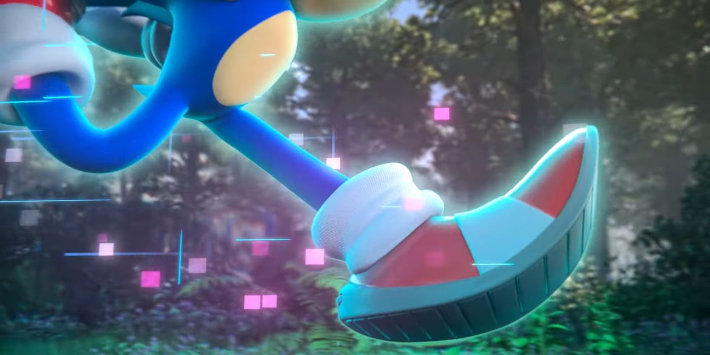 The foot of Sonic the Hedgehog running through a forest