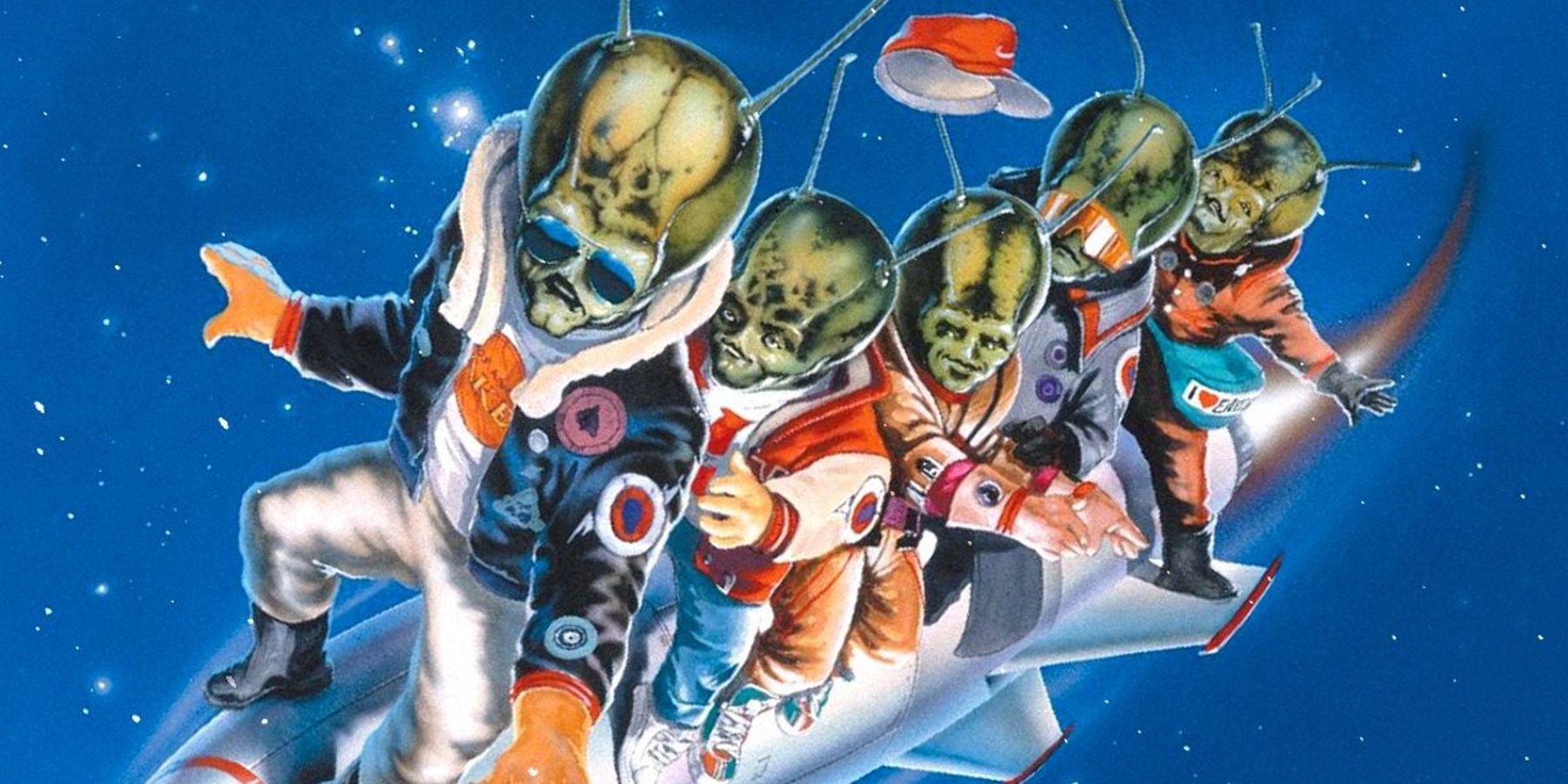 5 martians riding a rocket in Spaced Invaders