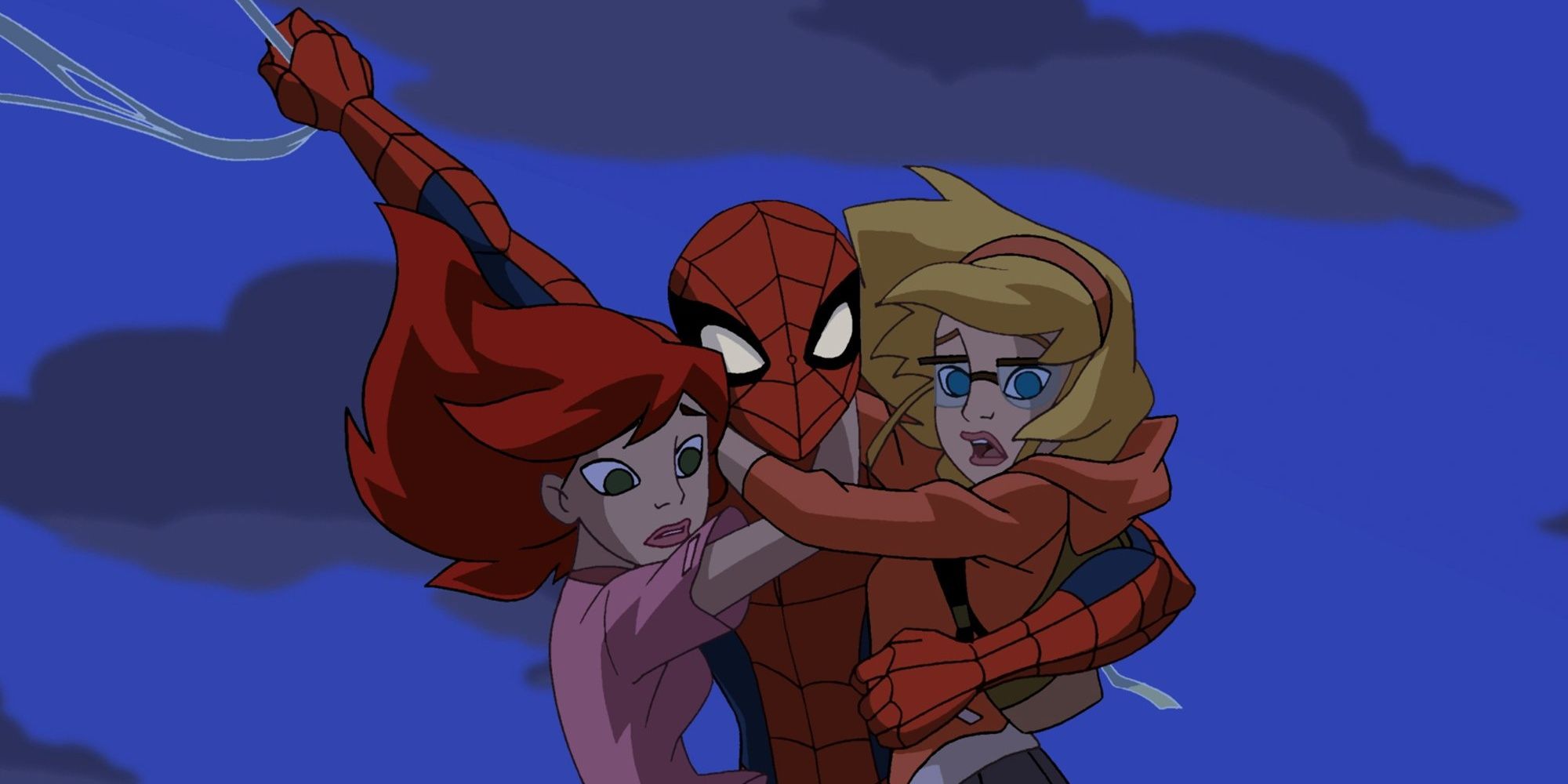 Spider-Man swinging with Mary Jane and Gwen