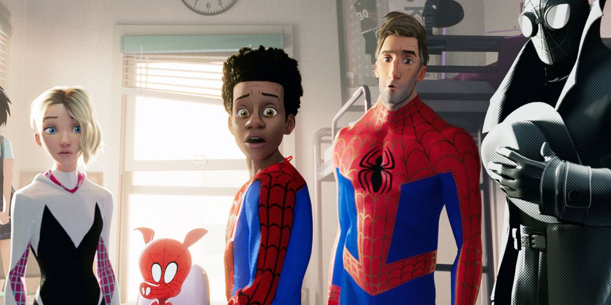 Miles in his room with Gwen, spicer-Man and other in Spider-Man: Into the Spider-Verse
