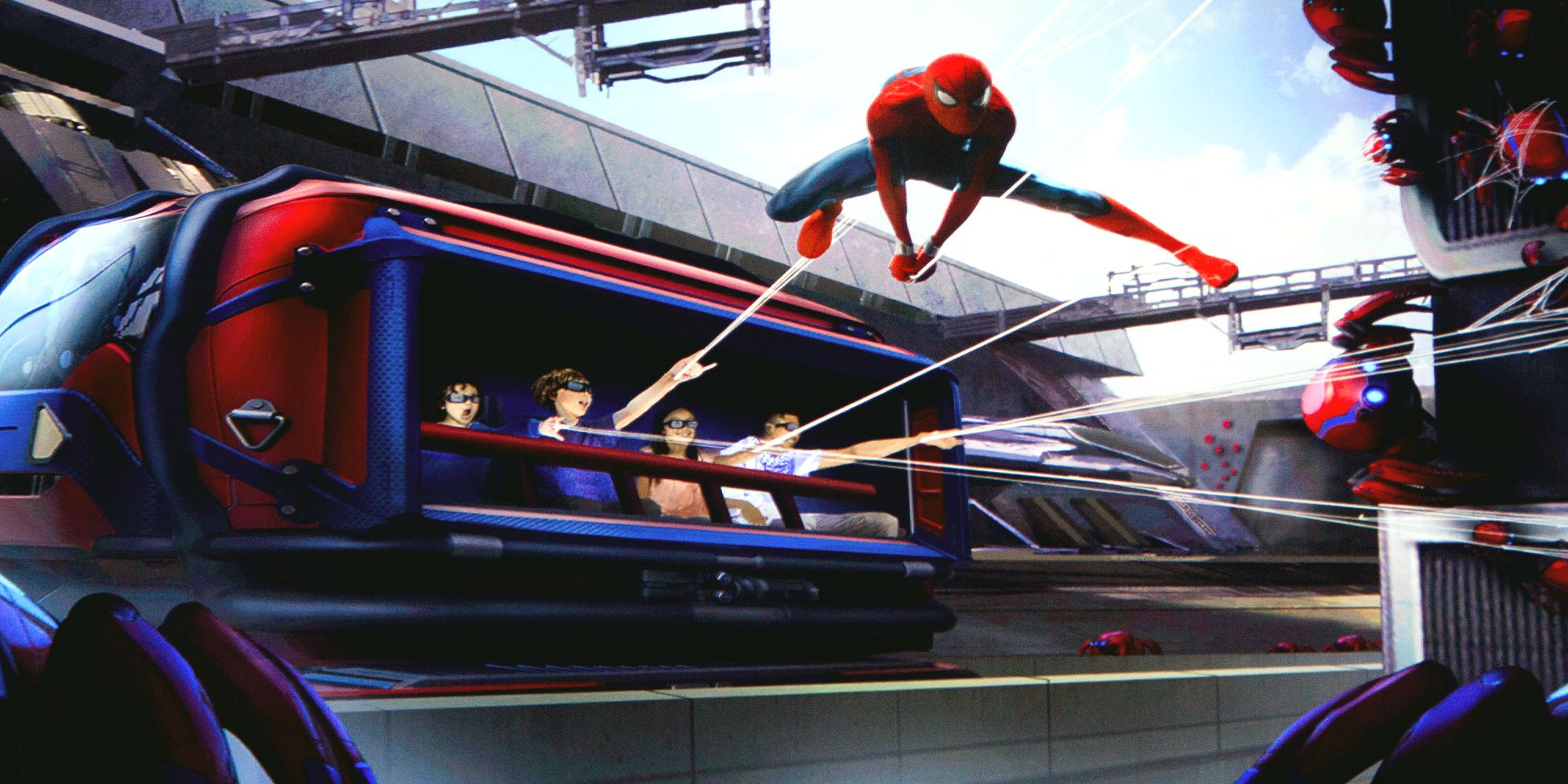 A picture of the Spider-Man ride in Disneyland featuring Spider-Man