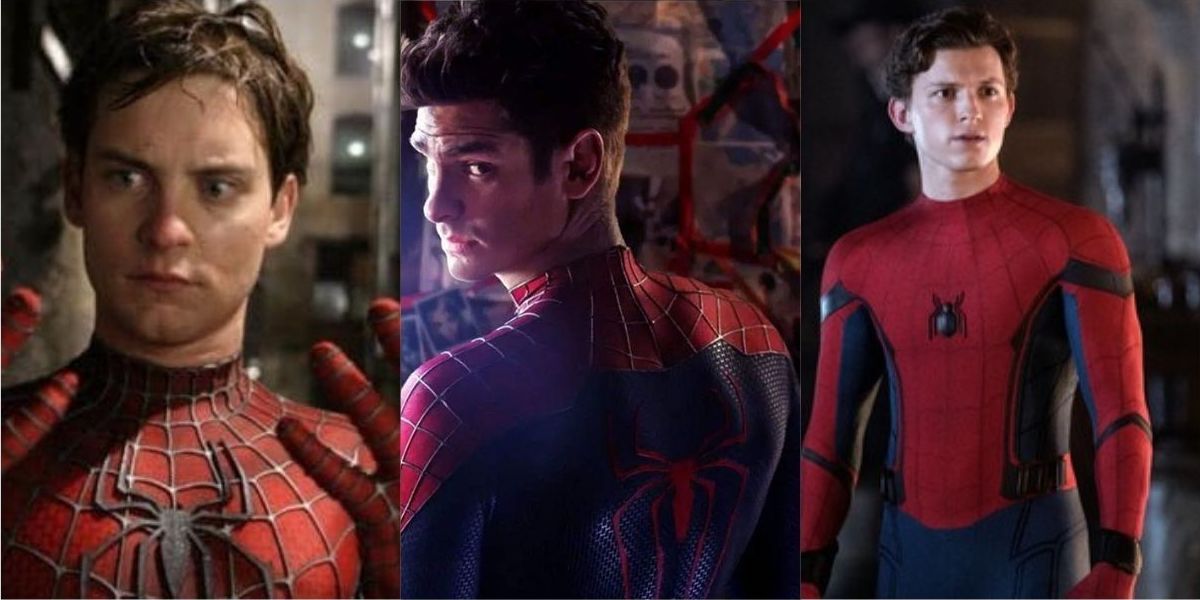 Split Image of Tobey Maguire, Andrew Garfield, Tom Holland, all as Spider-Man