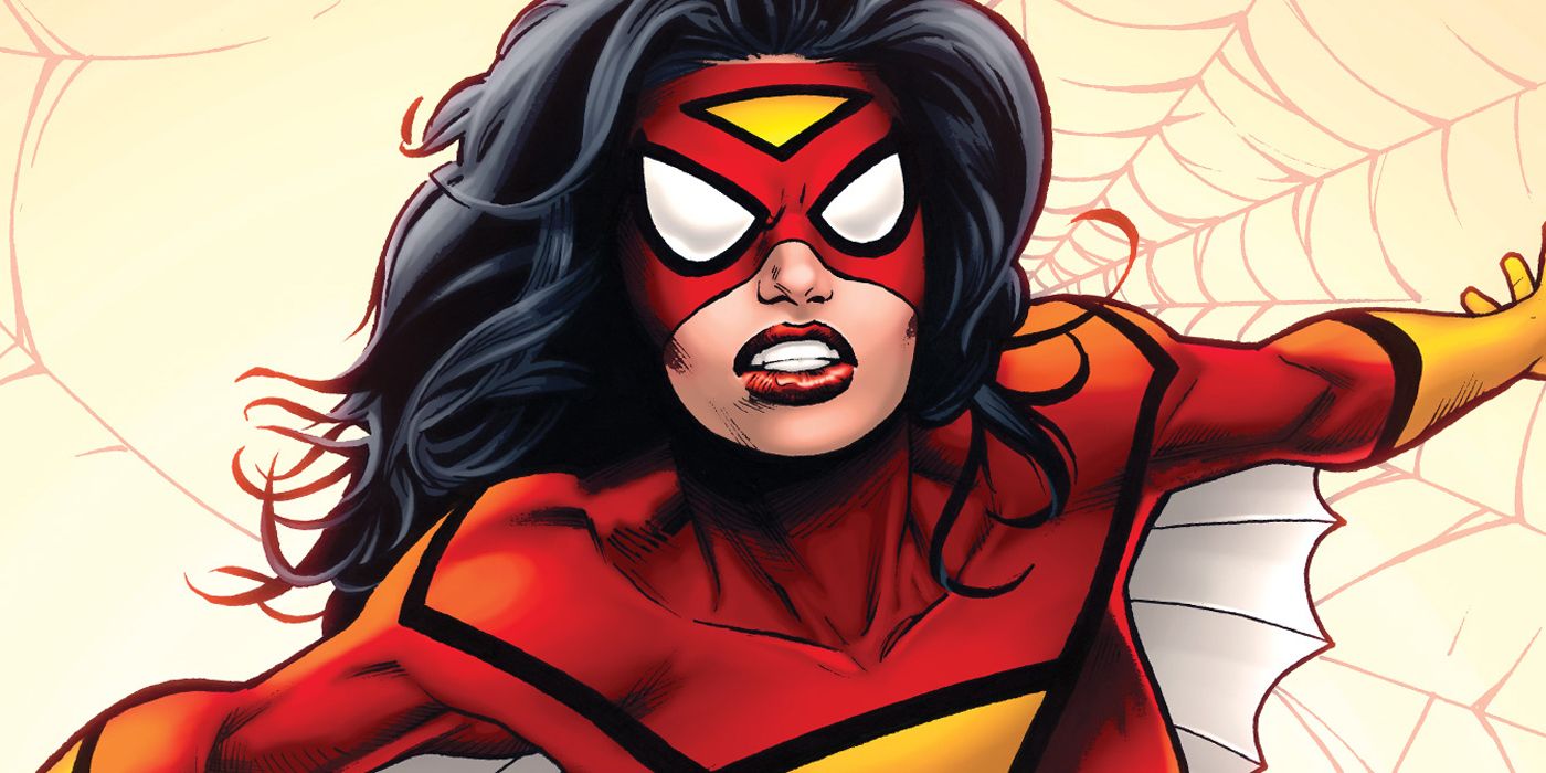 An up-close look at Spider-Woman from Marvel Comics.