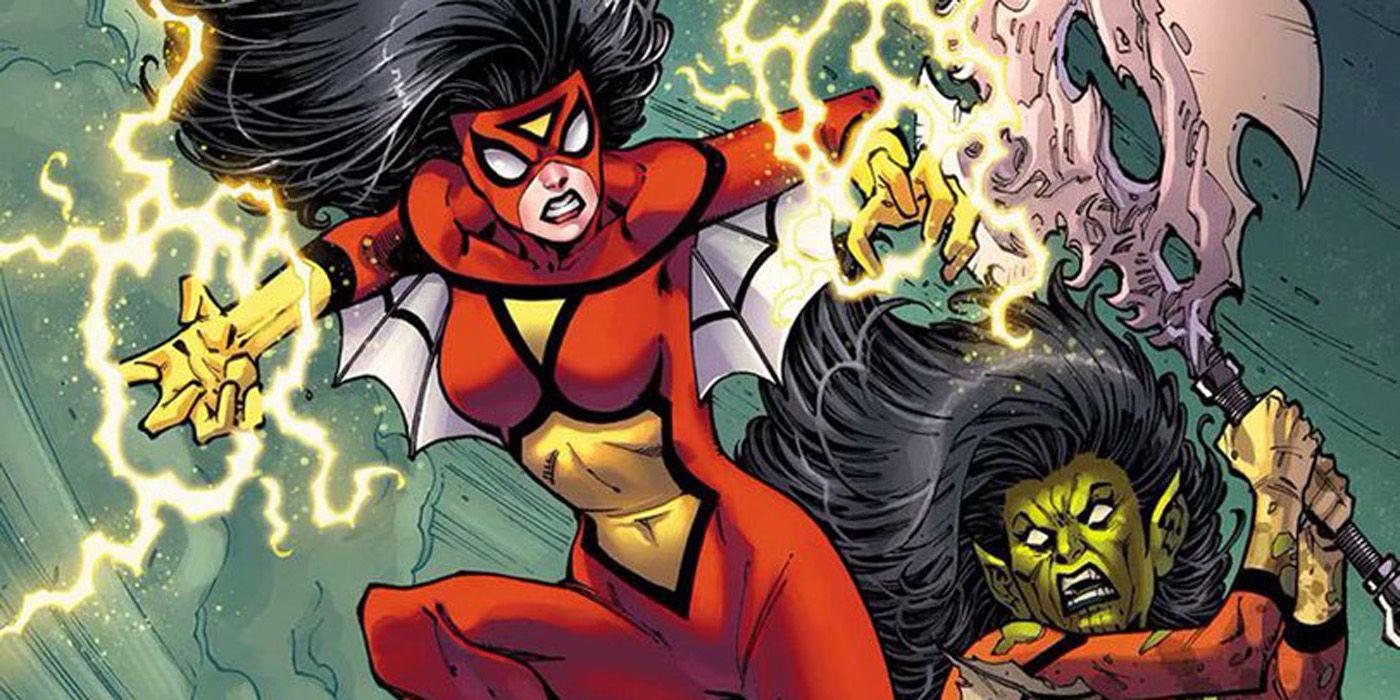 Spider-Woman battles the Skrull Queen in Secret Invasion.