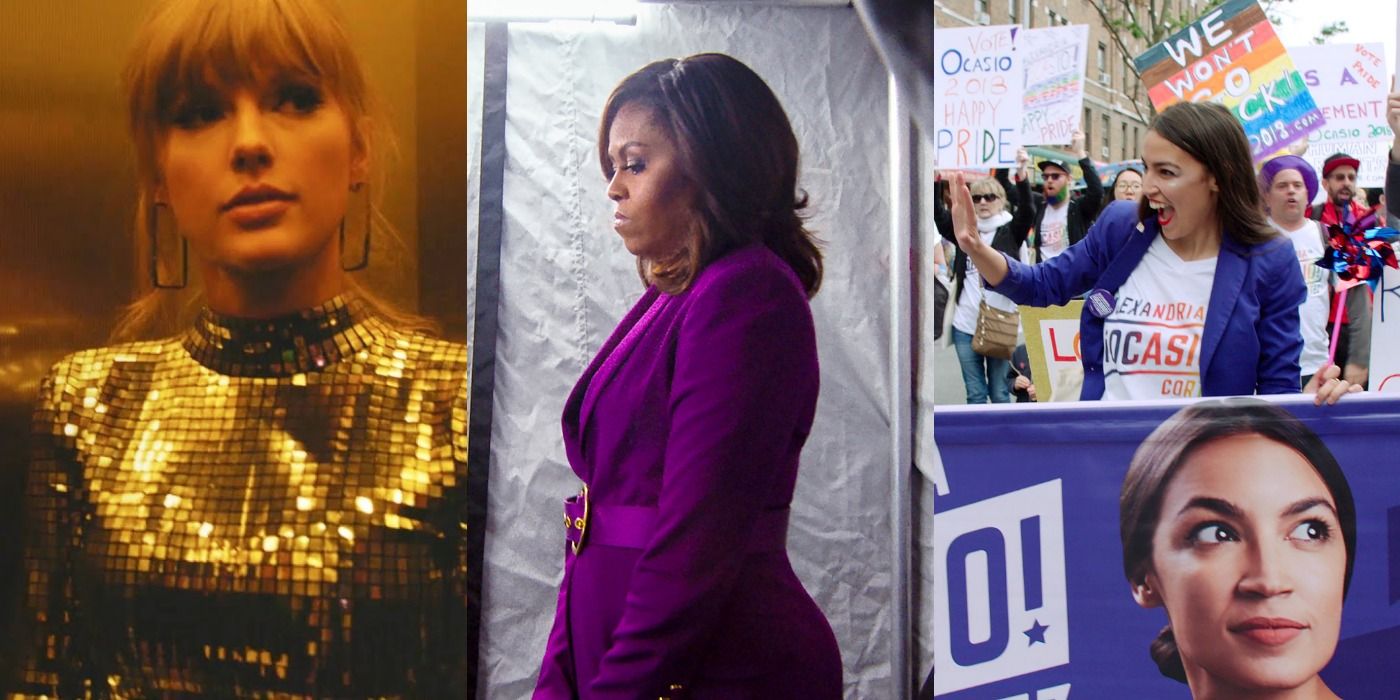 Split image of Taylor Swift, Michelle Obama and AOC from empowered women documentaries.